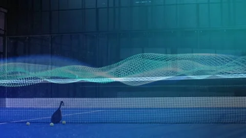 Dotted teal waveform waving and lowering over court, revealing net and hopper Stock Footage 333211339