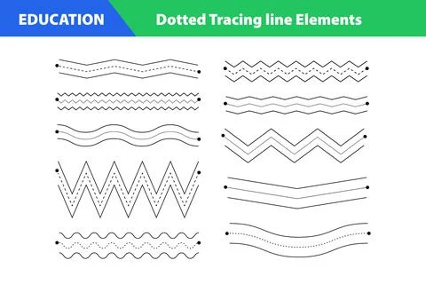 Dotted Tracing Line Elements for Kids Learning Educational Handwriting Prac.. Illustrazione stock