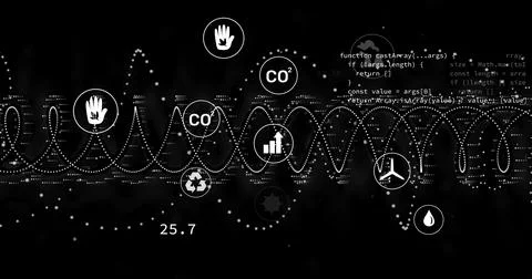 Dotted wave graphic oscillating in dashboard, with environmental icons, snippet Illustrazione stock