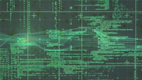 Dotted wave streams flowing through flat design network interface, displaying Stock Footage 309109723