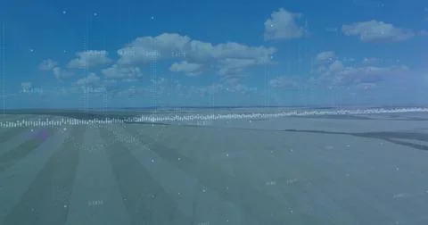 Dotted waveform line extending over farmland, with floating numbers, data bars, Stock Photos