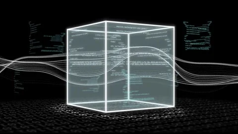 Dotted waves moving across void causing wireframe cube emerging, code scrolling, Stock Footage 334729103