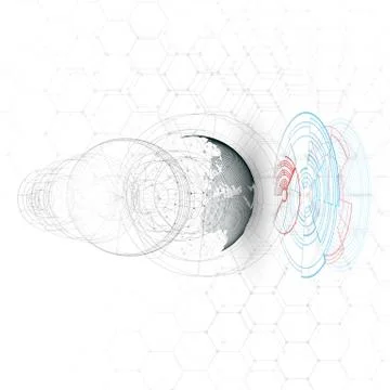 Dotted world globe, connecting lines, abstract construction, space station Illustrazione stock
