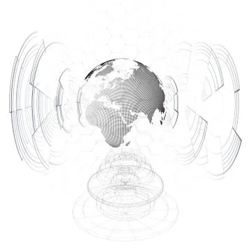 Dotted world globe, connecting lines, abstract construction, space station Illustrazione stock
