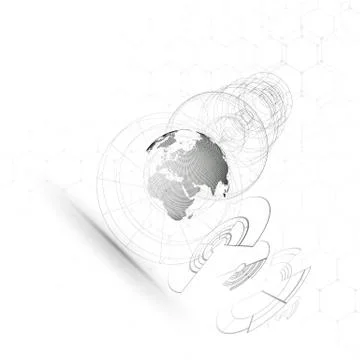 Dotted world globe, connecting lines, abstract construction, space station Stock Illustration