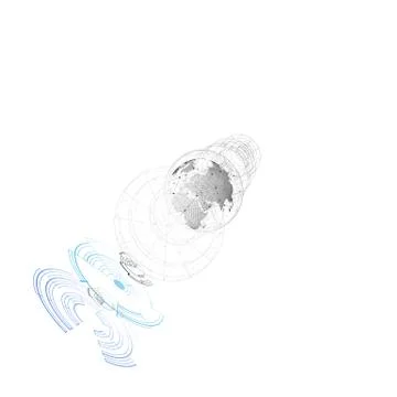 Dotted world globe, connecting lines, abstract construction, space station Illustrazione stock