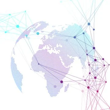 Dotted world globe. Scientific geometric background with connecting lines and Illustrazione stock