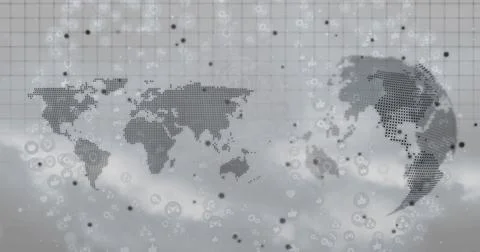 Dotted world map and dotted Americas globe drifting in misty grid background, Stock Illustration