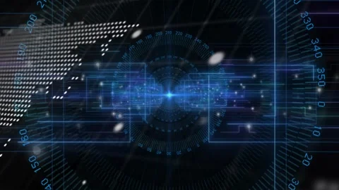 Dotted world map and holographic hub reacting to scrolling code, aligning HUD Stock Footage 333833567