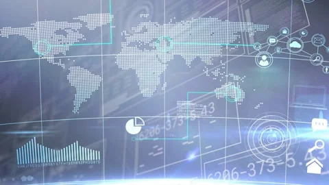 Dotted world map and HUD elements reacting to data pulse, highlighting links and Stock Footage 333396594