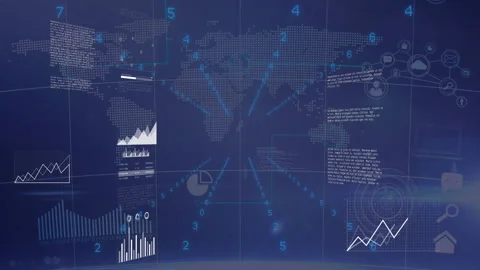 Dotted world map being animated over blue analytics UI, with numeric streams, Vidéo 309112175