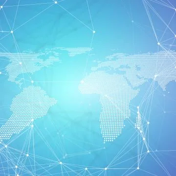 Dotted world map with chemistry pattern, connecting lines and dots. Molecule Stock Illustration