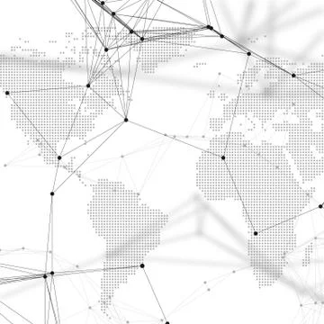 Dotted world map with chemistry pattern, connecting lines and dots. Molecule Illustrazione stock
