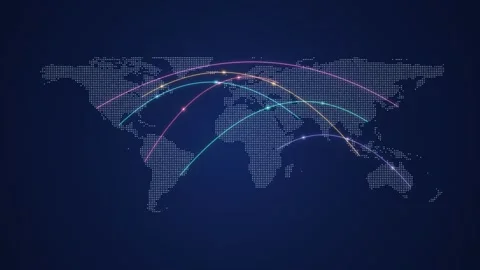 Dotted world map with coloured connection arcs linking cities on a dark blue Vídeo Stock 344780396
