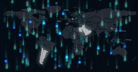 Dotted world map displaying binary code in dashboard, with country labels and Stock Illustration