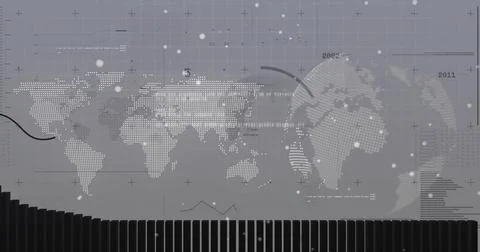 Dotted world map displaying on digital dashboard, with dotted globe, gridlines Stock Photos