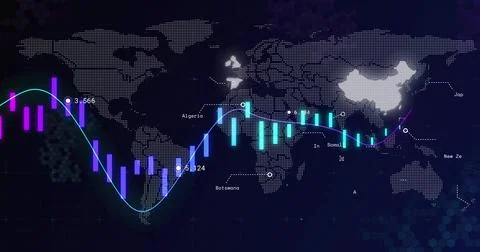 Dotted world map displaying purple and cyan bar charts on dark grid interface, Stockillustratie
