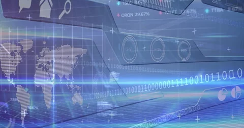 Dotted world map drifting left while streaming binary code across HUD panels in Stock Footage 308677407