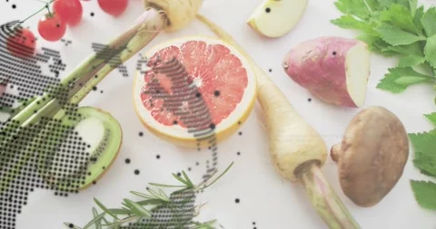 Dotted world map emerging from left overlaying produce, rotating while code text Stock Footage 317834646