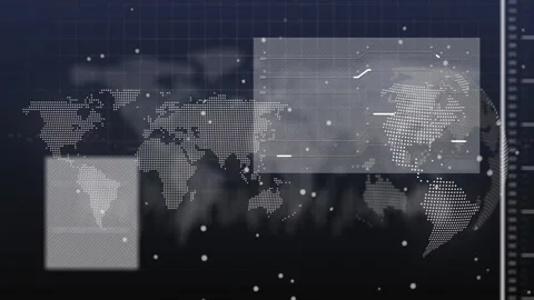 Dotted world map expanding in digital dashboard, featuring transparent UI panels Vidéo 309282399