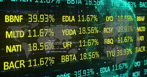 Dotted world map floating left on finance screen, with 3D particle globe, yellow Stock Photos