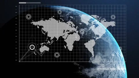 Dotted world map HUD animating as first node appears, markers pulsing, graph Video stock 329836217