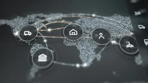 Dotted world map links truck, home, person Stock Footage 343355191