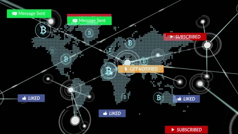 Dotted world map network visualizing Bitcoin icons, labels floating on glowing Stock Footage 309286152