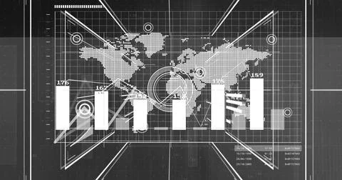 Dotted world map occupying analytics dashboard with grid guide lines, labeled Stock Illustration