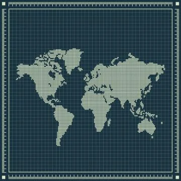 Dotted world map over blueprint background Illustrazione stock