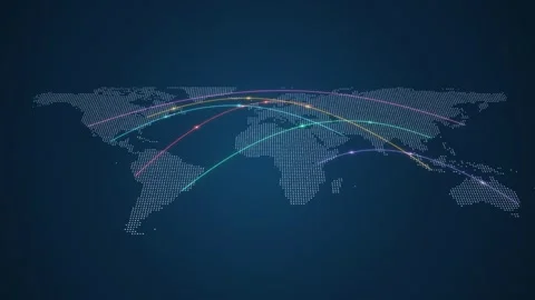Dotted world map in perspective with coloured connection arcs on a dark blue Vídeo Stock 344780778
