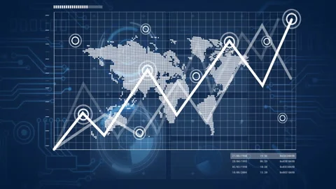 Dotted world map pulsing behind ascending zigzag line graph connecting data 库存影片 309034299