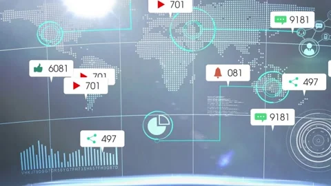 Dotted world map receiving data spawning clustered bubbles around pie chart to 스톡 동영상 328584721