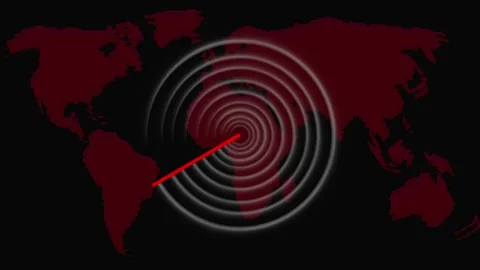 Dotted world map with red continents and animated white circles, global con.. Stock Footage 332663998