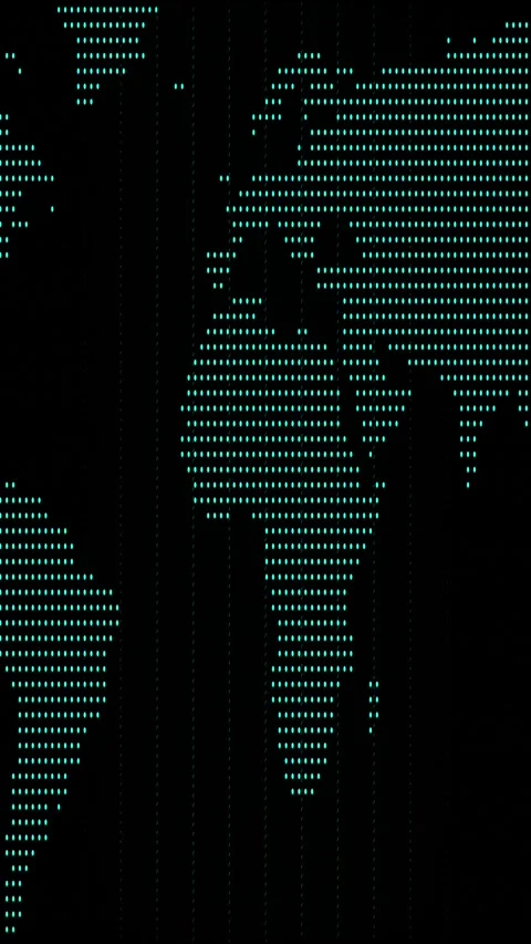 Dotted world map showing glowing cyan continents on black with data lines. .. Stock Footage 345964929