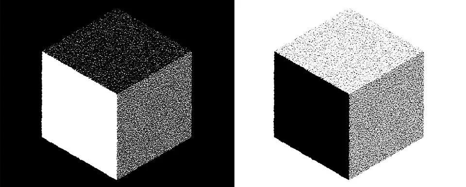 Dotwork 3D Cube box vector background. Black noise stipple dots Stock Illustration
