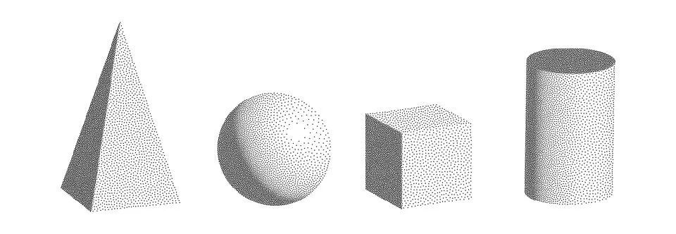 Dotwork 3D objects vector set. Grain texture effect Stock Illustration