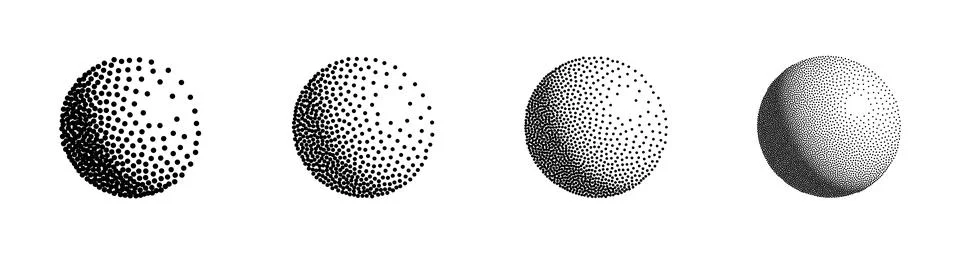 Dotwork 3D Spheres vector set. Grain texture effect Stock Illustration