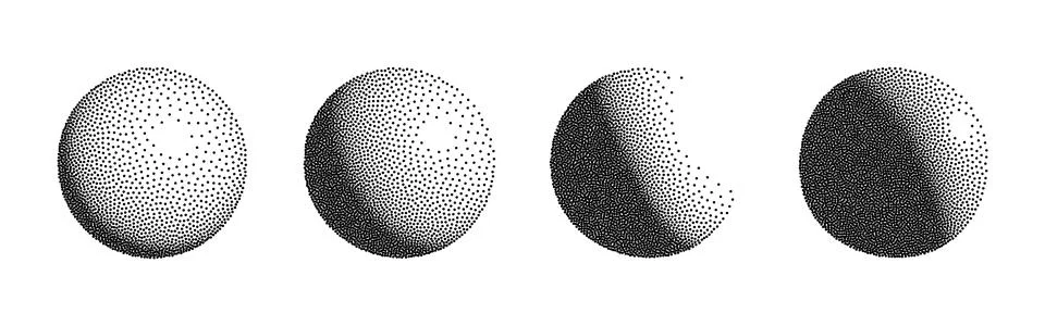 Dotwork 3D Spheres vector set. Grain texture effect Illustrazione stock