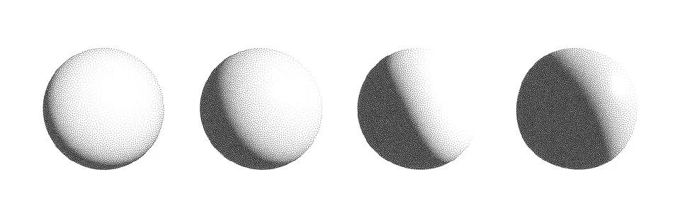 Dotwork 3D Spheres vector set. Grain texture effect Stock Illustration