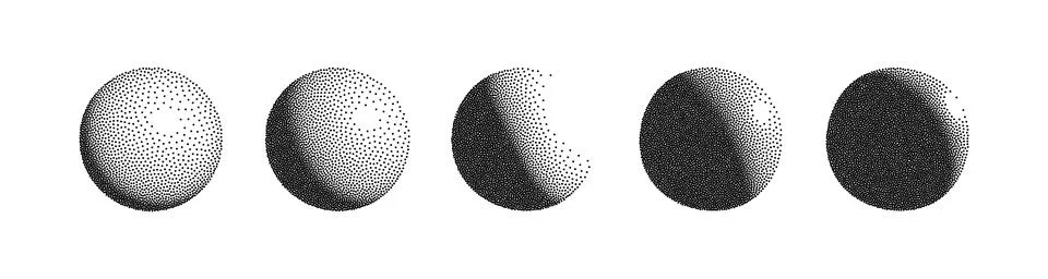 Dotwork 3D Spheres vector set. Grain texture effect Stock Illustration