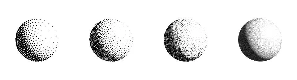 Dotwork 3D Spheres vector set. Grain texture effect Stock Illustration