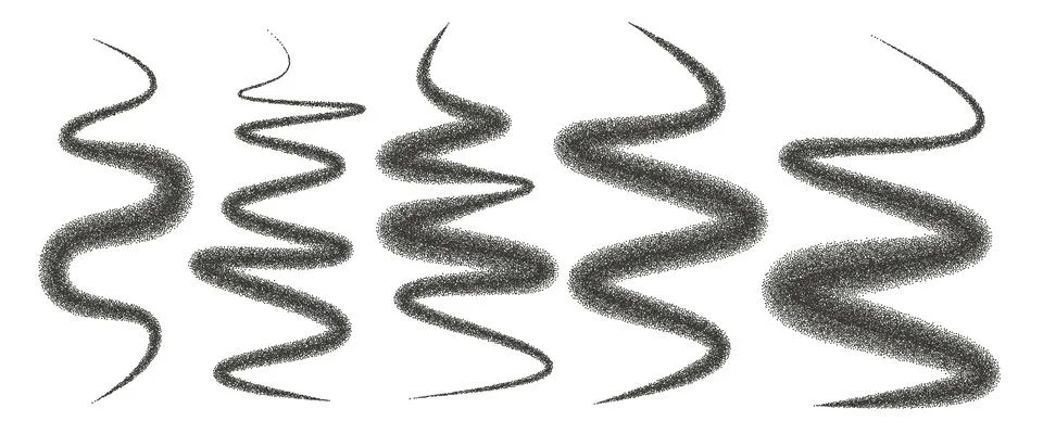 Dotwork abstract wavy line shapes set. Random squiggles black grain textured. Stock Illustration
