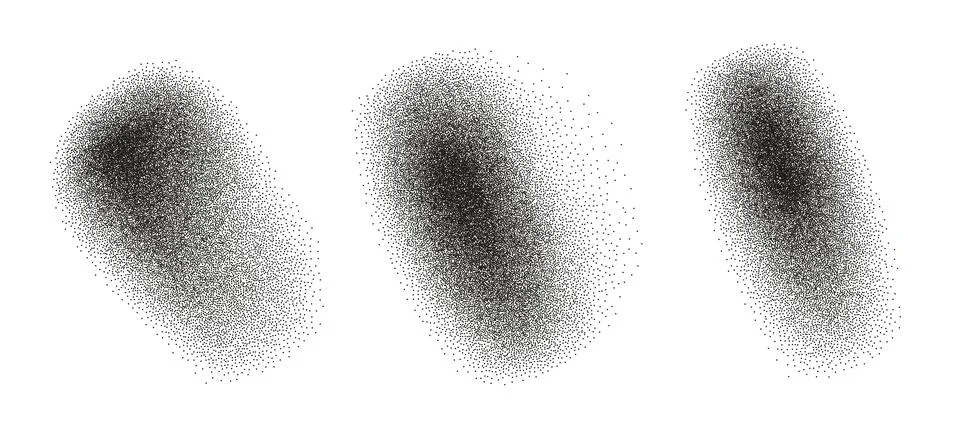 Dotwork grainy gradient textured spot shapes set. Black stippled splatter Stock Illustration