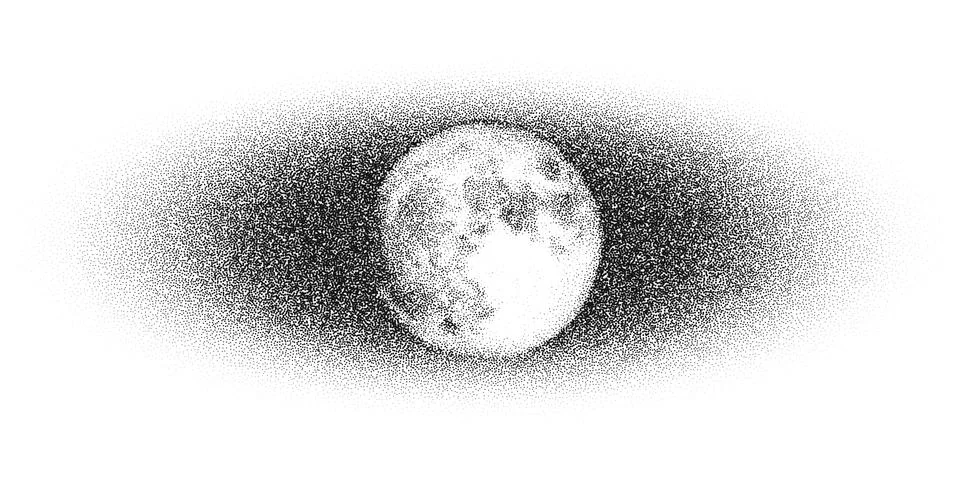 Dotwork Moon night background. Black noise stipple dots satellite. Dotted vector Stockillustratie