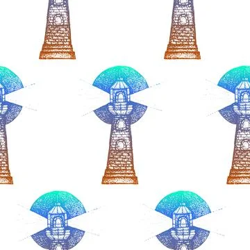 Dotwork Outpost Lighthouse Seamless Pattern 스톡 일러스트