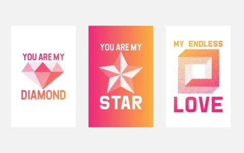 Dotwork red and yellow gradient vector symbols of love, star and diamond. Micro 스톡 일러스트