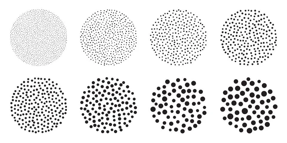 Dotwork stipple circles brush set. Stain noise vector pattern. Black grain 스톡 일러스트