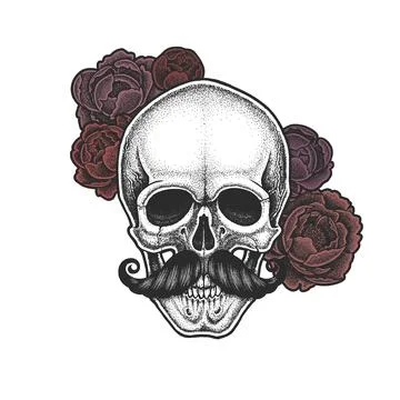 Dotwork styled skull with moustache and peonies. イラスト素材