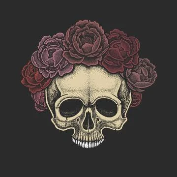 Dotwork styled skull with wreath of peonies. Stock Illustration